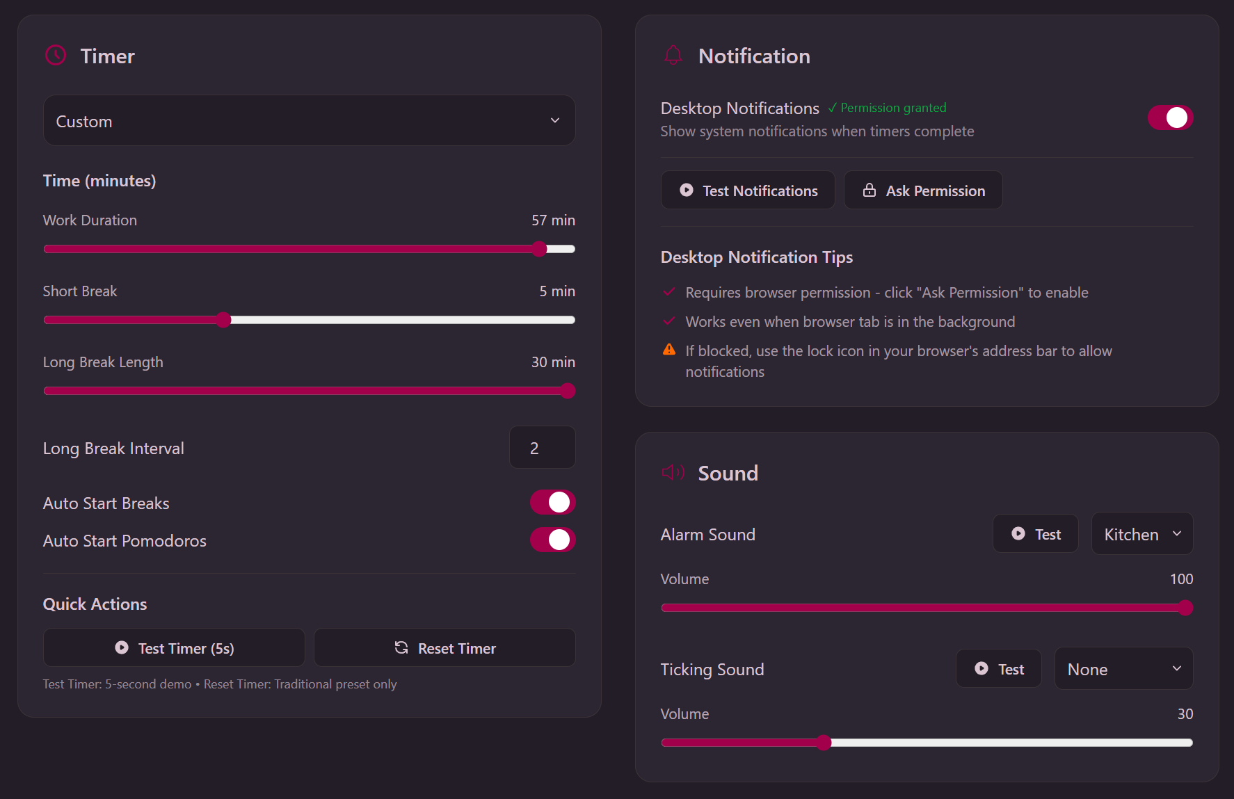 Ultradian Flow Pomodoro Timer settings panel showing preset options and customization controls